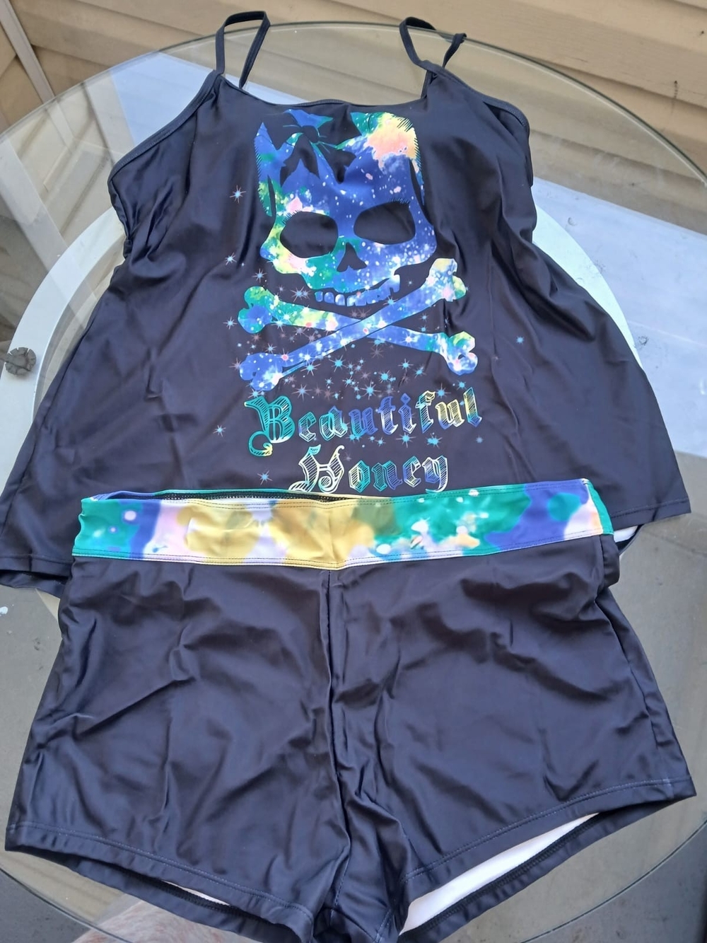 Black Women's Two-Piece Swim Set with Iridescent Skull Print